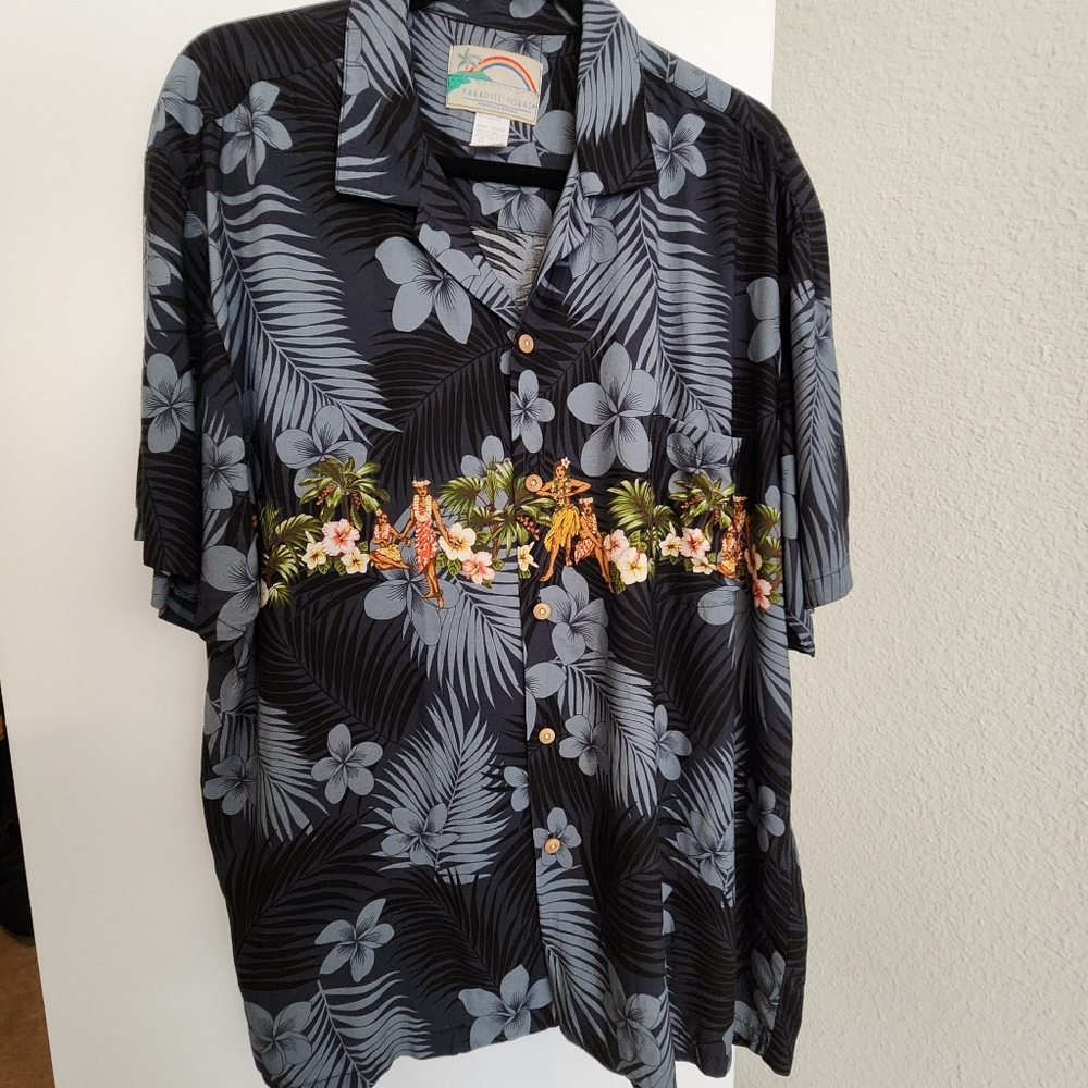 Paradise Found Vintage Hawaiin Button Down, Floral With Hula Girls, Size XL